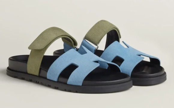 AUTHENTIC HERMES- Chypre Sandal Blue Cameo Vert Celadon Green Strap Slide - Picture 2 of 16